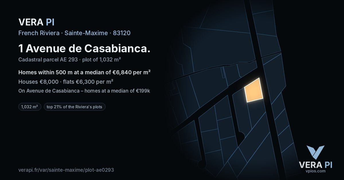 1 Avenue de Casabianca, Sainte-Maxime at night – the plot lit, the parcels around coloured by the prices near them