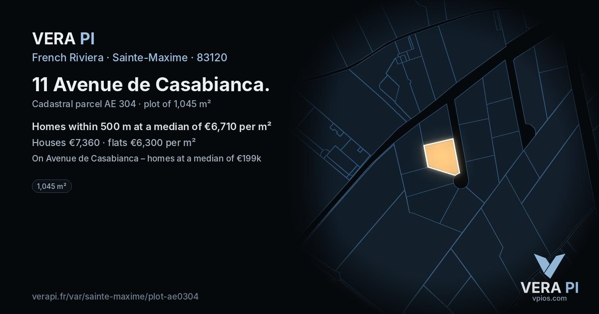 11 Avenue de Casabianca, Sainte-Maxime at night – the plot lit, the parcels around coloured by the prices near them