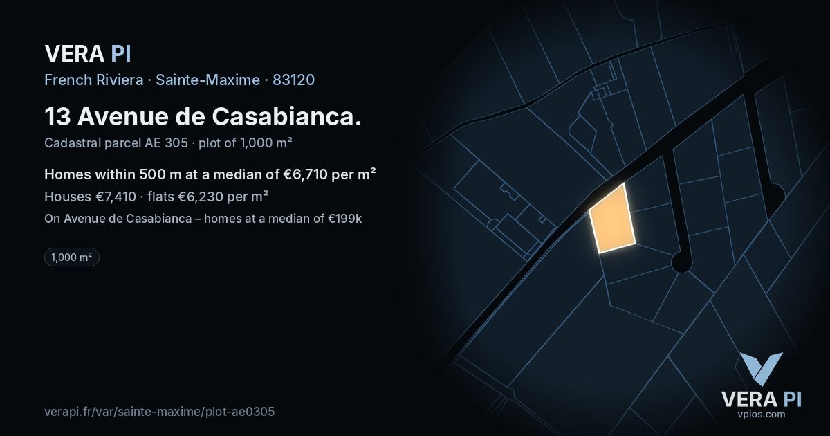 13 Avenue de Casabianca, Sainte-Maxime at night – the plot lit, the parcels around coloured by the prices near them