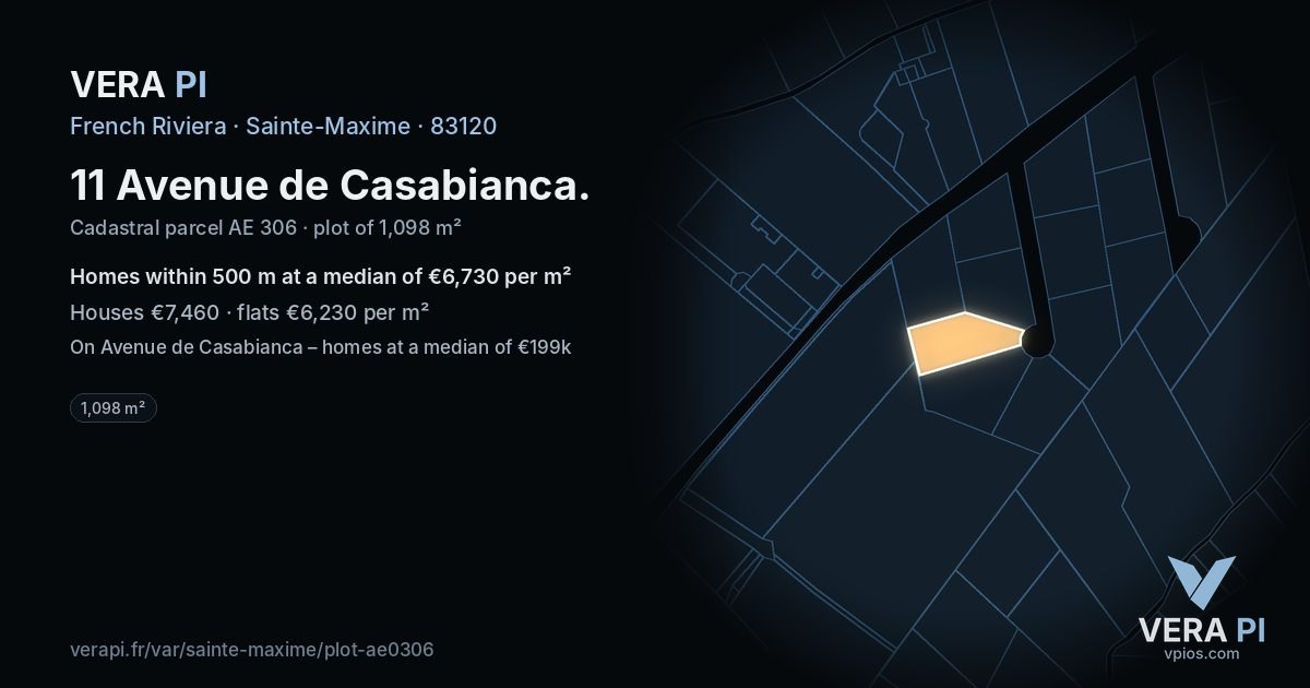 11 Avenue de Casabianca, Sainte-Maxime at night – the plot lit, the parcels around coloured by the prices near them