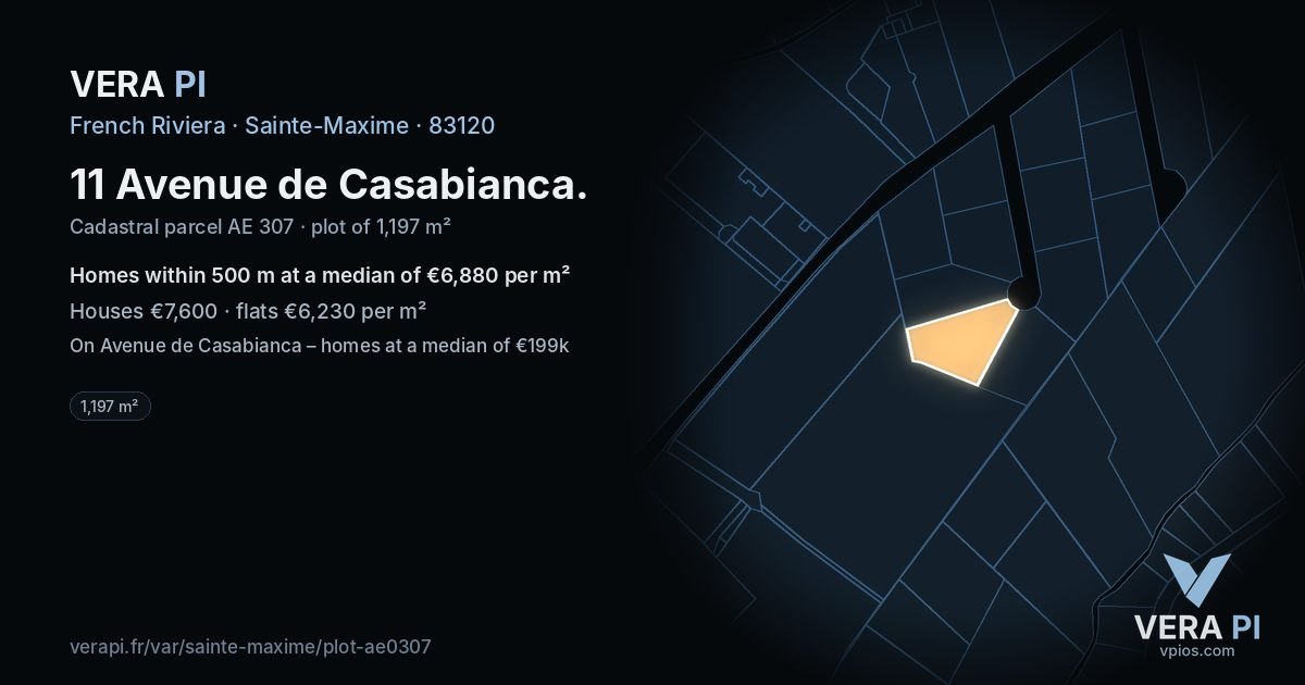 11 Avenue de Casabianca, Sainte-Maxime at night – the plot lit, the parcels around coloured by the prices near them