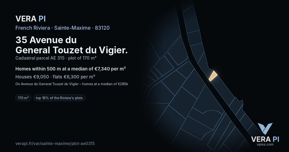 35 Avenue du General Touzet du Vigier, Sainte-Maxime at night – the plot lit, the parcels around coloured by the prices near them
