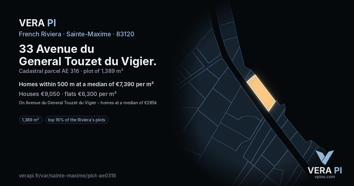 33 Avenue du General Touzet du Vigier, Sainte-Maxime at night – the plot lit, the parcels around coloured by the prices near them