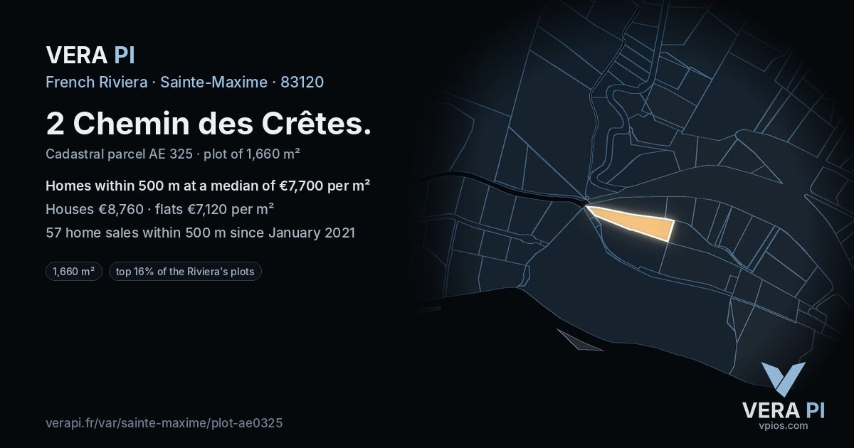 2 Chemin des Crêtes, Sainte-Maxime at night – the plot lit, the parcels around coloured by the prices near them