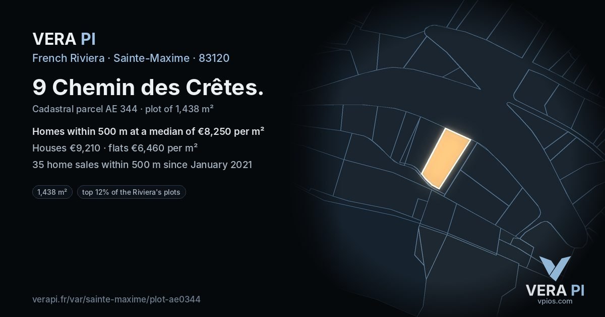 9 Chemin des Crêtes, Sainte-Maxime at night – the plot lit, the parcels around coloured by the prices near them