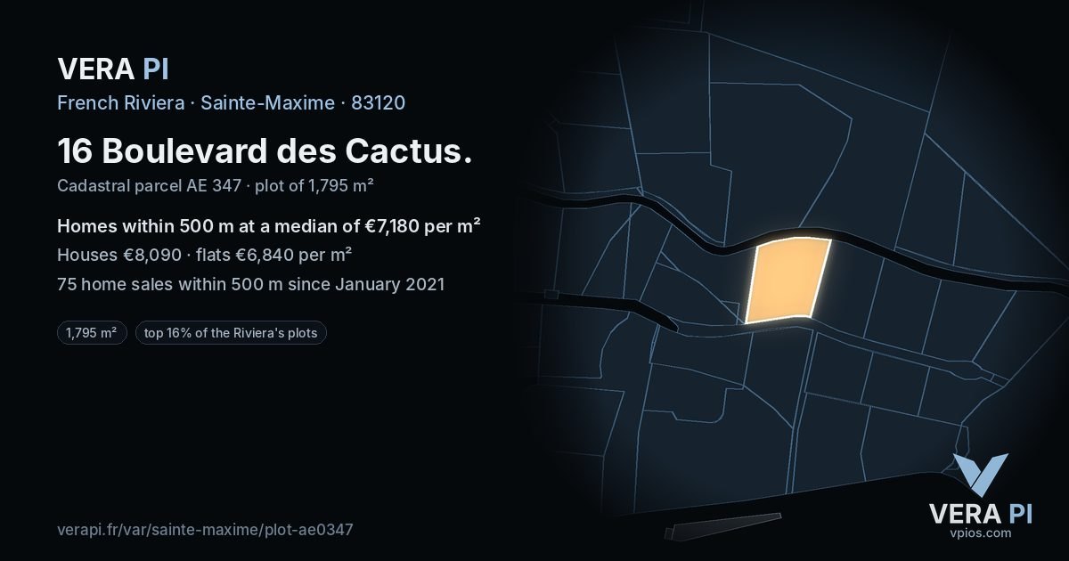 16 Boulevard des Cactus, Sainte-Maxime at night – the plot lit, the parcels around coloured by the prices near them