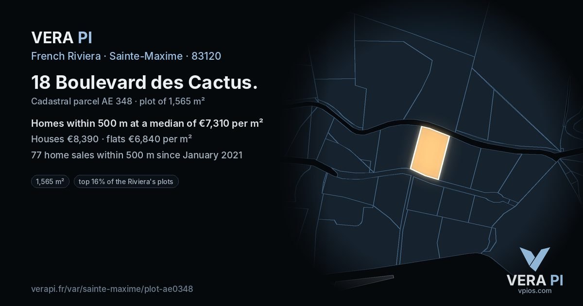 18 Boulevard des Cactus, Sainte-Maxime at night – the plot lit, the parcels around coloured by the prices near them