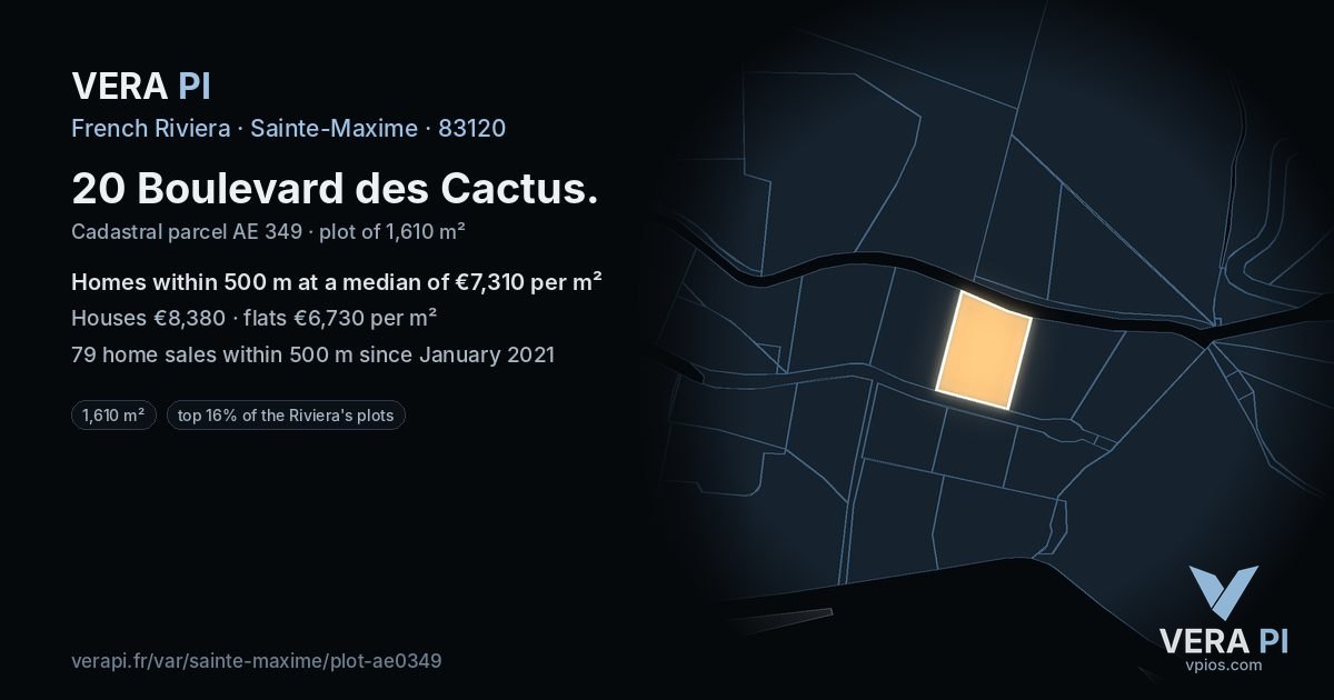 20 Boulevard des Cactus, Sainte-Maxime at night – the plot lit, the parcels around coloured by the prices near them