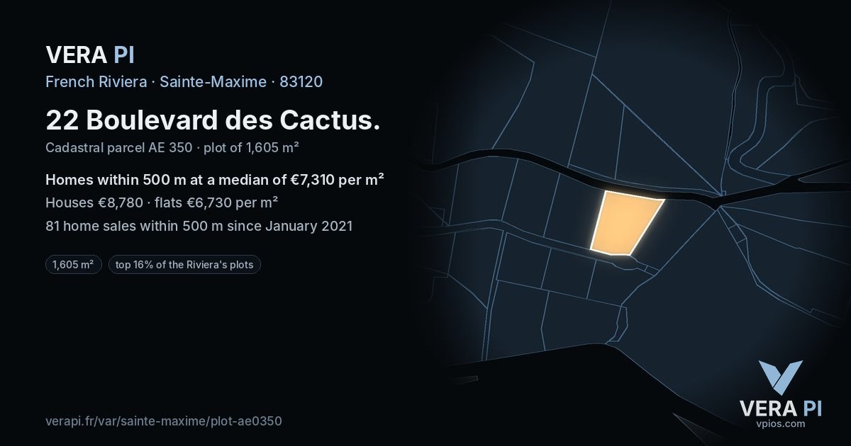 22 Boulevard des Cactus, Sainte-Maxime at night – the plot lit, the parcels around coloured by the prices near them