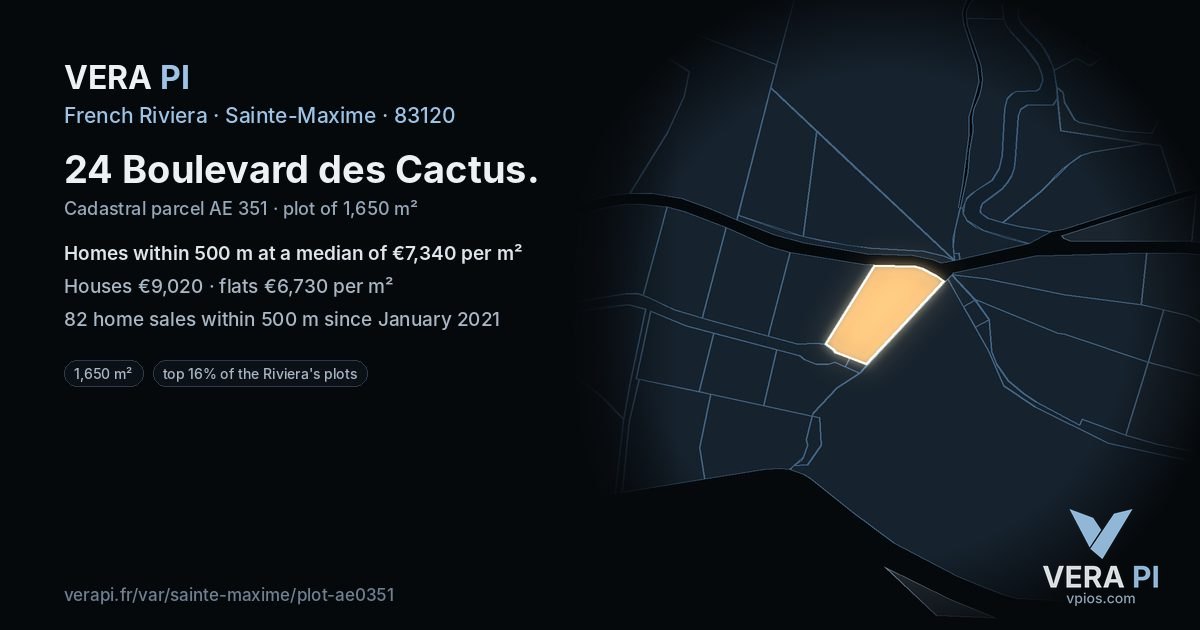 24 Boulevard des Cactus, Sainte-Maxime at night – the plot lit, the parcels around coloured by the prices near them
