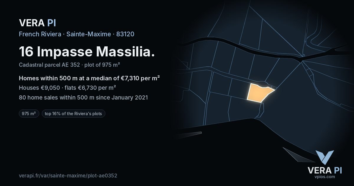 16 Impasse Massilia, Sainte-Maxime at night – the plot lit, the parcels around coloured by the prices near them
