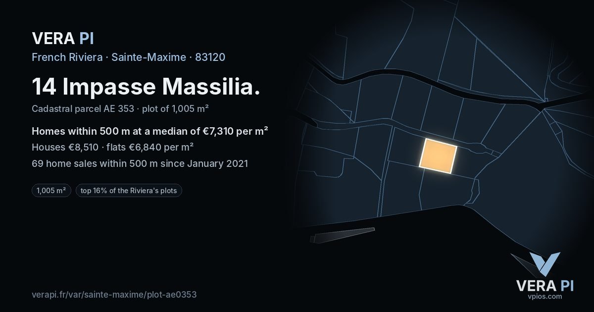 14 Impasse Massilia, Sainte-Maxime at night – the plot lit, the parcels around coloured by the prices near them