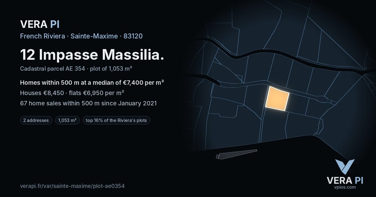 12 Impasse Massilia, Sainte-Maxime at night – the plot lit, the parcels around coloured by the prices near them