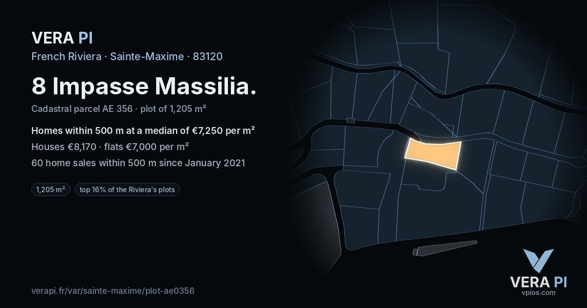 8 Impasse Massilia, Sainte-Maxime at night – the plot lit, the parcels around coloured by the prices near them