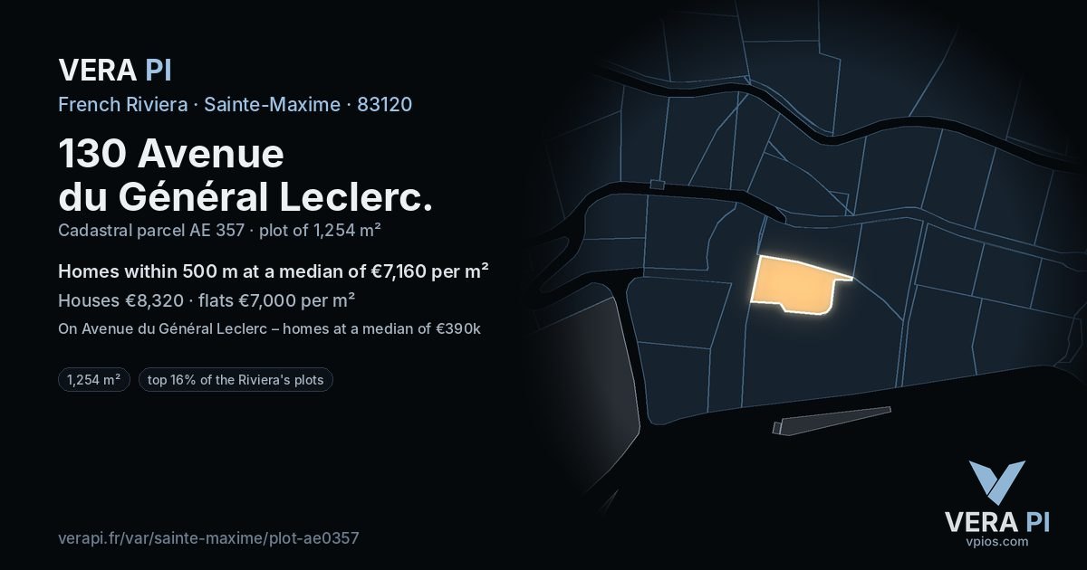 130 Avenue du Général Leclerc, Sainte-Maxime at night – the plot lit, the parcels around coloured by the prices near them