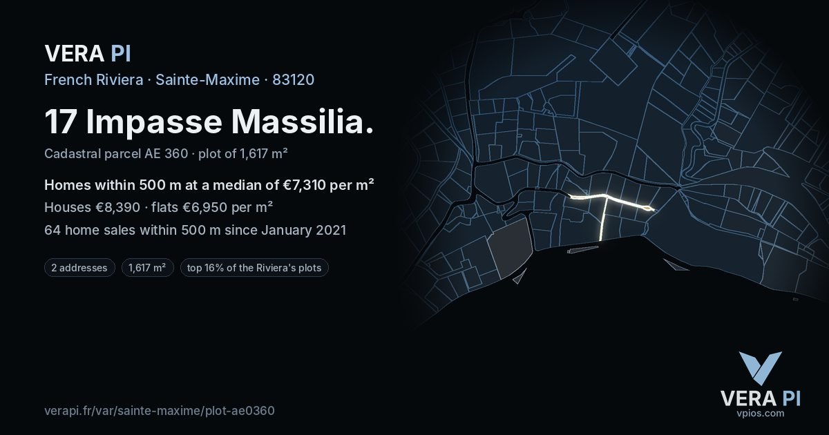 17 Impasse Massilia, Sainte-Maxime at night – the plot lit, the parcels around coloured by the prices near them