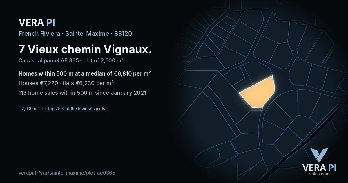 7 Vieux chemin Vignaux, Sainte-Maxime at night – the plot lit, the parcels around coloured by the prices near them