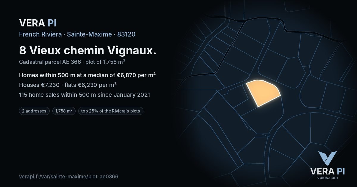 8 Vieux chemin Vignaux, Sainte-Maxime at night – the plot lit, the parcels around coloured by the prices near them