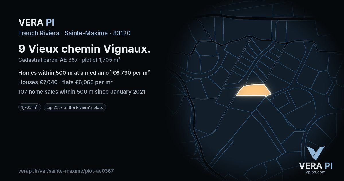 9 Vieux chemin Vignaux, Sainte-Maxime at night – the plot lit, the parcels around coloured by the prices near them