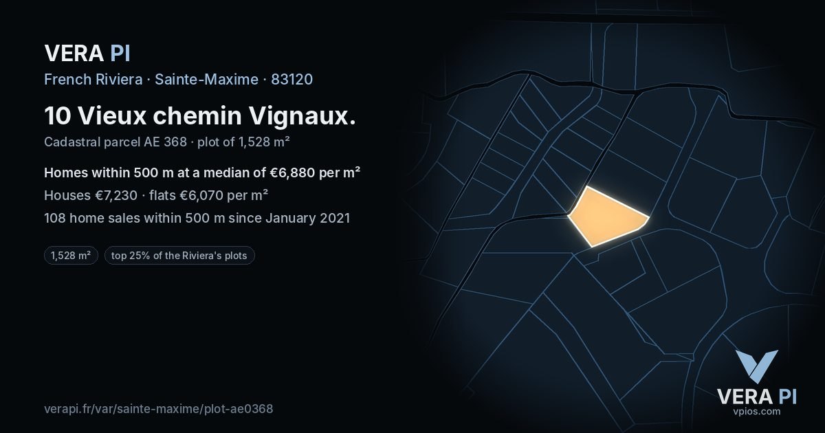 10 Vieux chemin Vignaux, Sainte-Maxime at night – the plot lit, the parcels around coloured by the prices near them