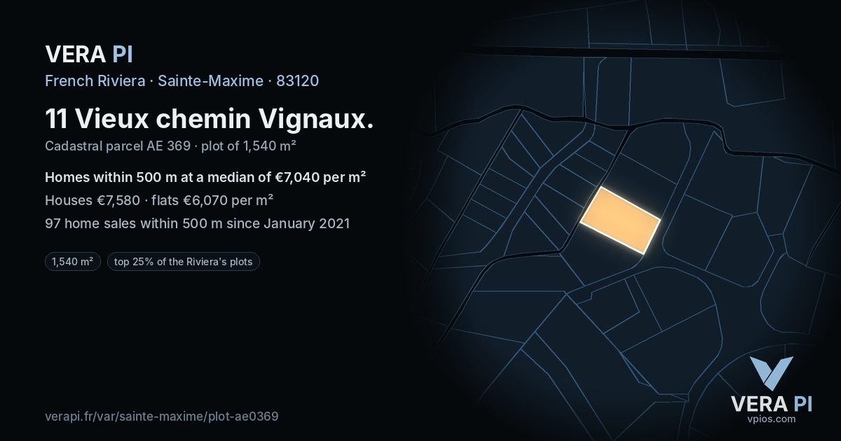 11 Vieux chemin Vignaux, Sainte-Maxime at night – the plot lit, the parcels around coloured by the prices near them