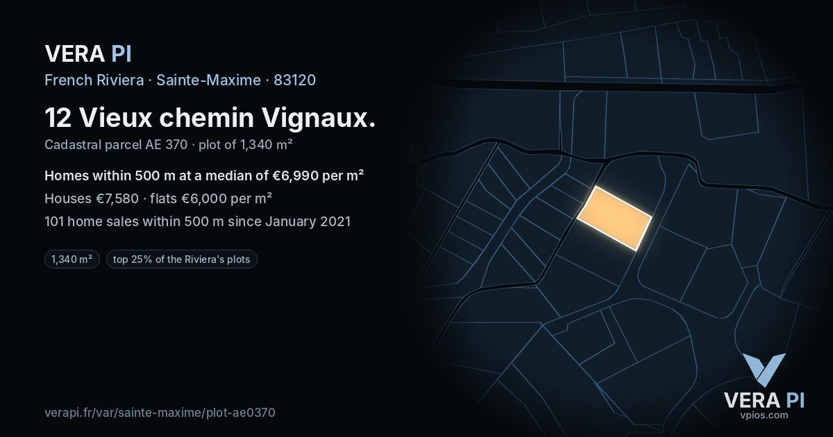 12 Vieux chemin Vignaux, Sainte-Maxime at night – the plot lit, the parcels around coloured by the prices near them