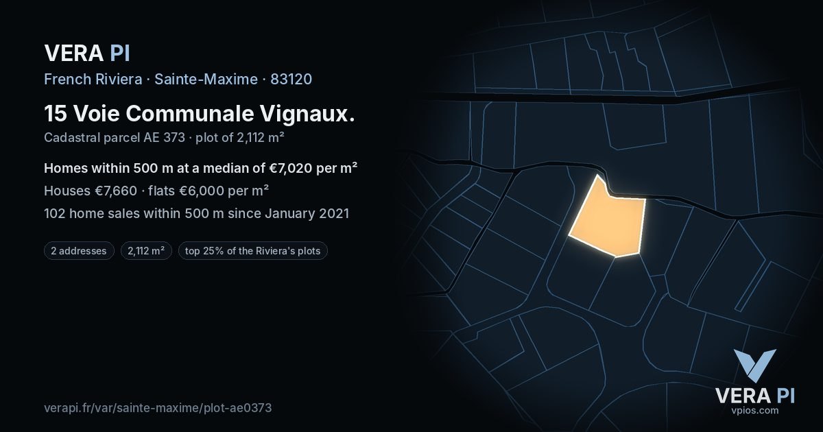 15 Voie Communale Vignaux, Sainte-Maxime at night – the plot lit, the parcels around coloured by the prices near them