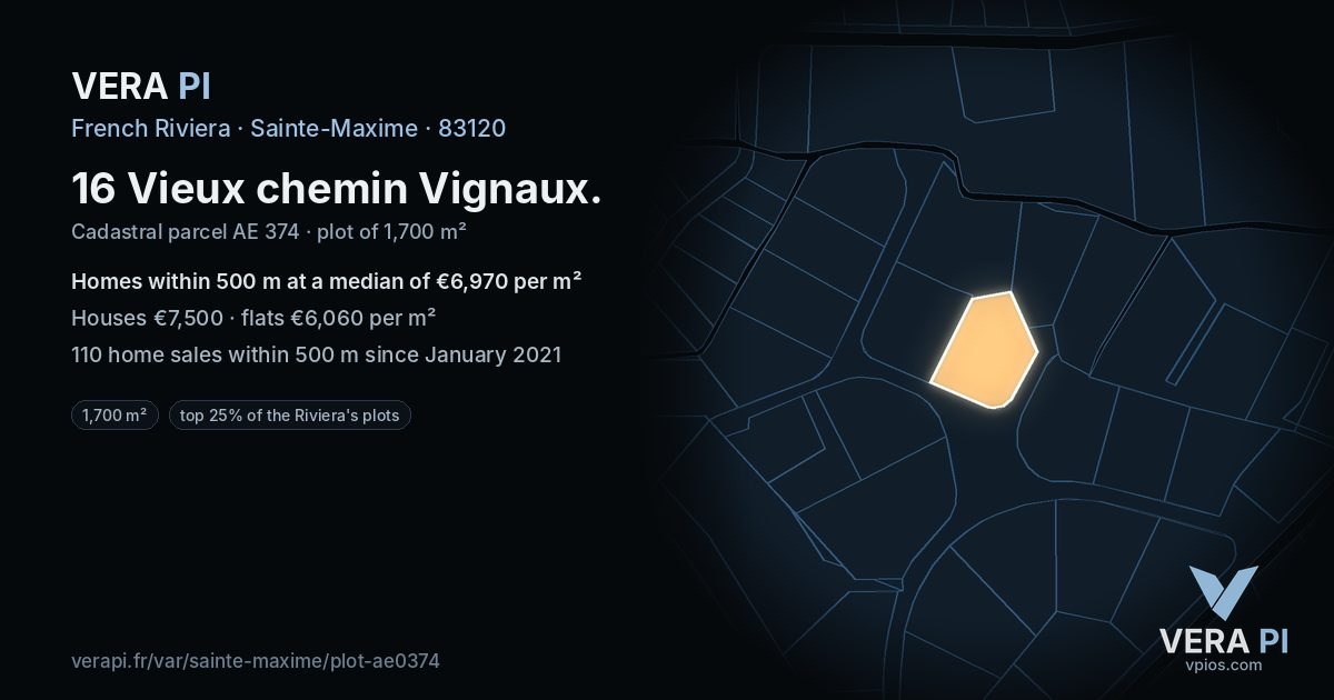 16 Vieux chemin Vignaux, Sainte-Maxime at night – the plot lit, the parcels around coloured by the prices near them