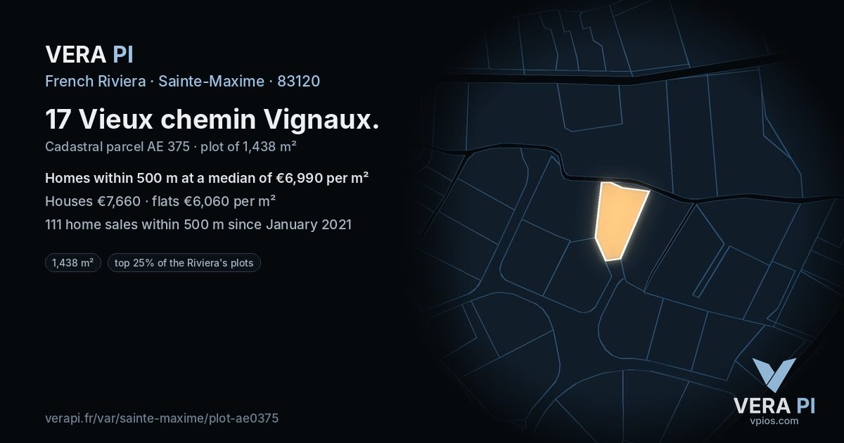 17 Vieux chemin Vignaux, Sainte-Maxime at night – the plot lit, the parcels around coloured by the prices near them