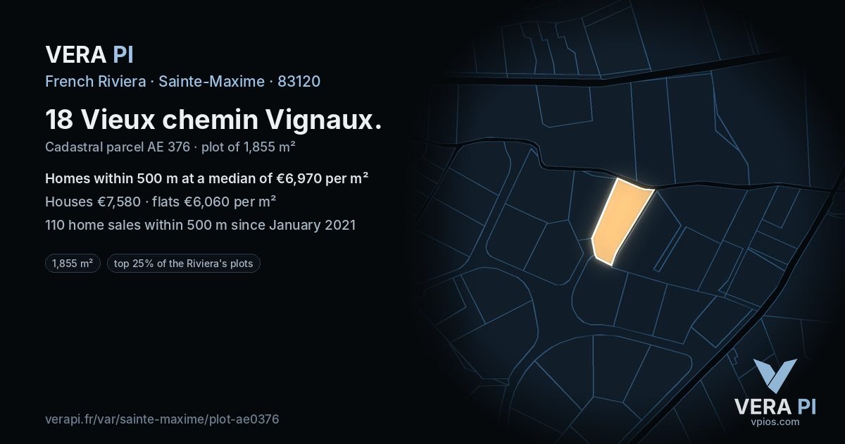 18 Vieux chemin Vignaux, Sainte-Maxime at night – the plot lit, the parcels around coloured by the prices near them