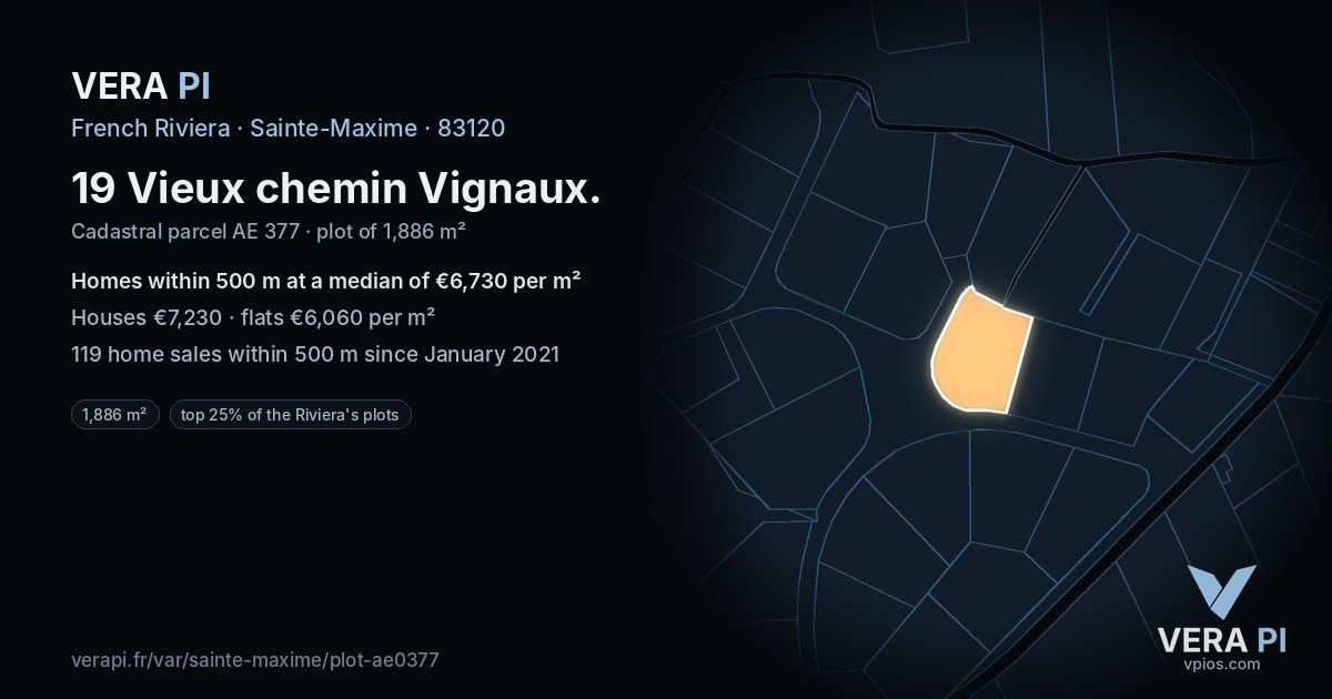 19 Vieux chemin Vignaux, Sainte-Maxime at night – the plot lit, the parcels around coloured by the prices near them