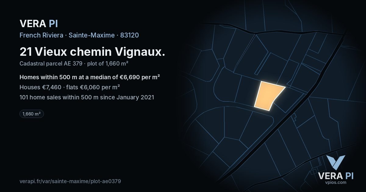21 Vieux chemin Vignaux, Sainte-Maxime at night – the plot lit, the parcels around coloured by the prices near them