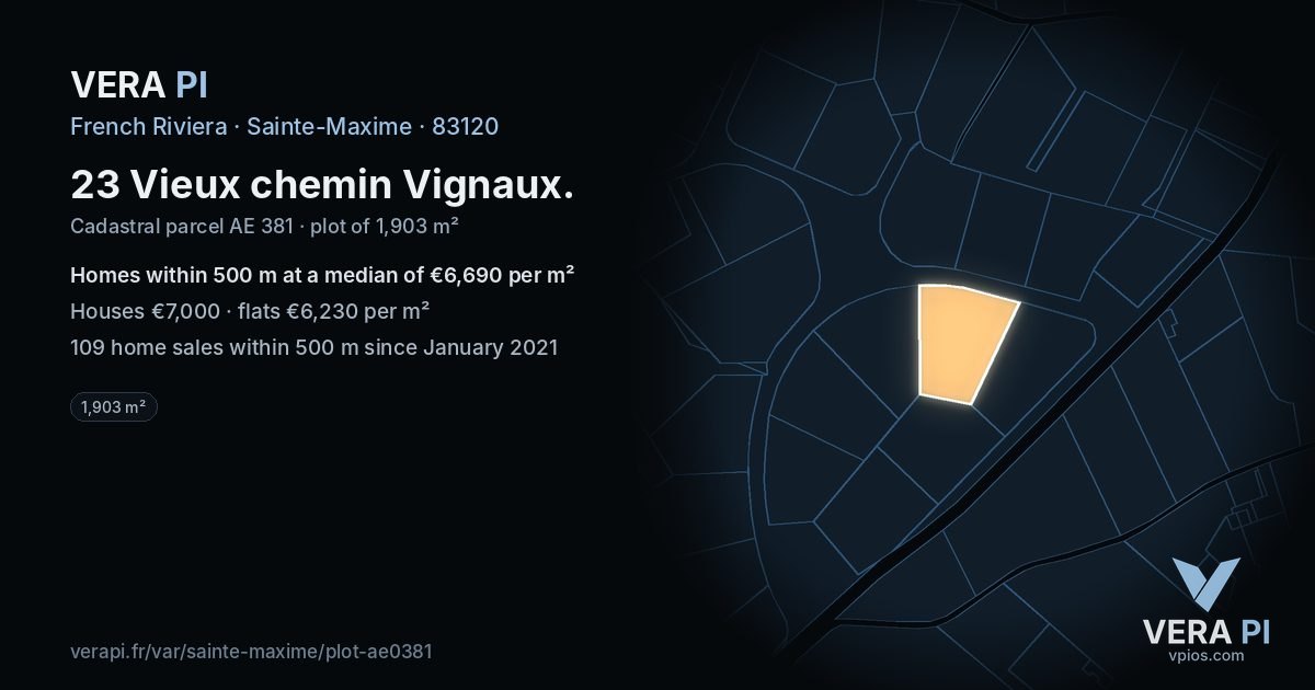 23 Vieux chemin Vignaux, Sainte-Maxime at night – the plot lit, the parcels around coloured by the prices near them