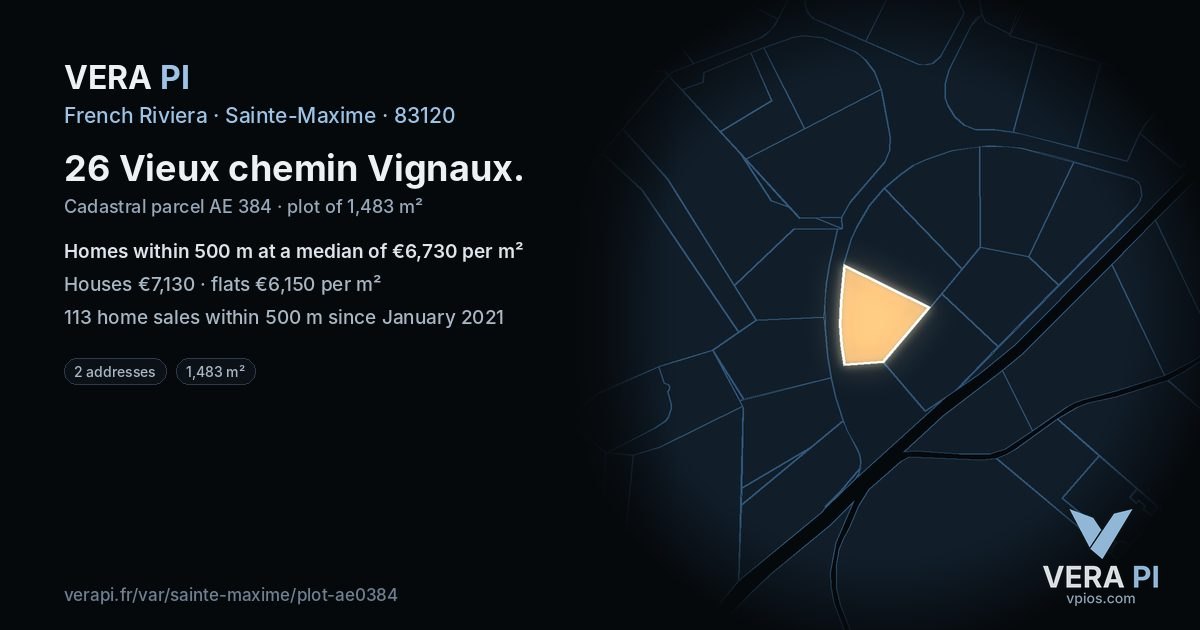 26 Vieux chemin Vignaux, Sainte-Maxime at night – the plot lit, the parcels around coloured by the prices near them