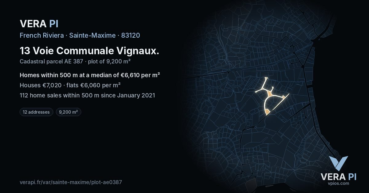 13 Voie Communale Vignaux, Sainte-Maxime at night – the plot lit, the parcels around coloured by the prices near them