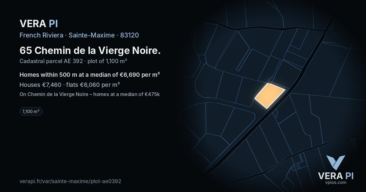 65 Chemin de la Vierge Noire, Sainte-Maxime at night – the plot lit, the parcels around coloured by the prices near them