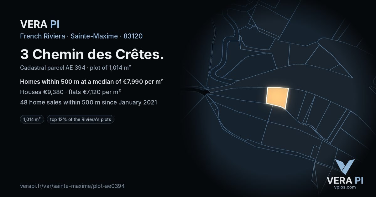 3 Chemin des Crêtes, Sainte-Maxime at night – the plot lit, the parcels around coloured by the prices near them