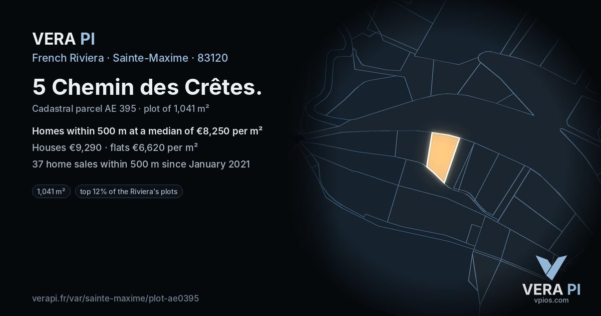 5 Chemin des Crêtes, Sainte-Maxime at night – the plot lit, the parcels around coloured by the prices near them
