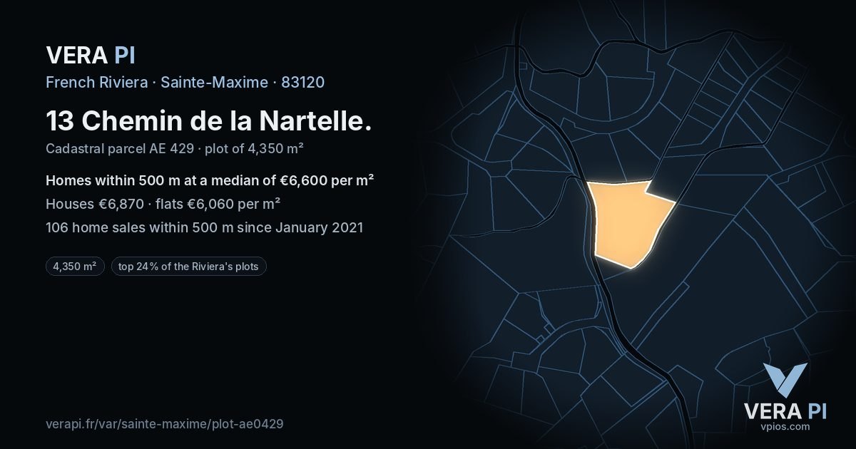 13 Chemin de la Nartelle, Sainte-Maxime at night – the plot lit, the parcels around coloured by the prices near them