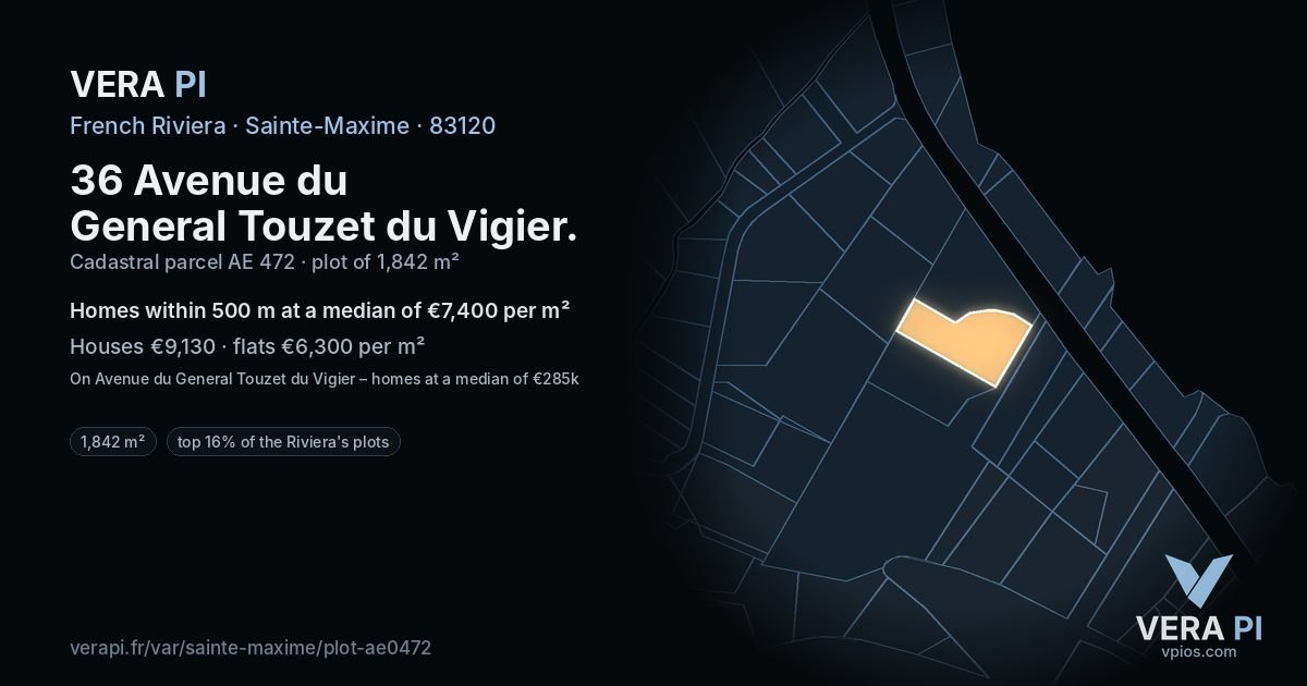 36 Avenue du General Touzet du Vigier, Sainte-Maxime at night – the plot lit, the parcels around coloured by the prices near them