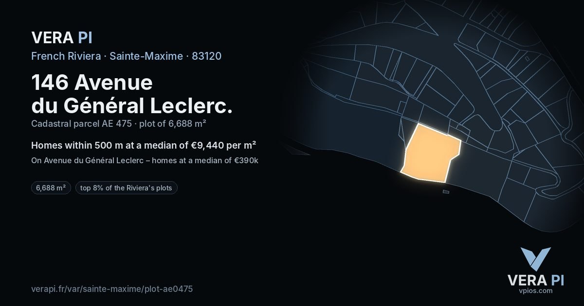146 Avenue du Général Leclerc, Sainte-Maxime at night – the plot lit, the parcels around coloured by the prices near them