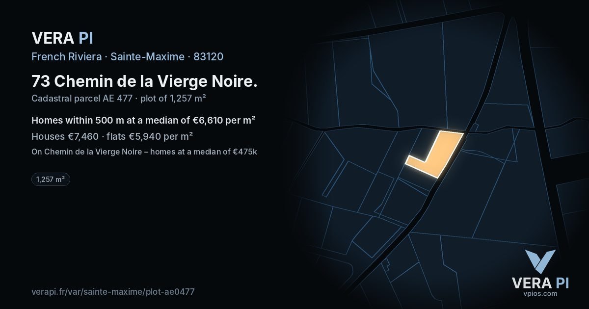 73 Chemin de la Vierge Noire, Sainte-Maxime at night – the plot lit, the parcels around coloured by the prices near them