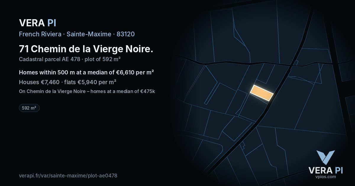 71 Chemin de la Vierge Noire, Sainte-Maxime at night – the plot lit, the parcels around coloured by the prices near them