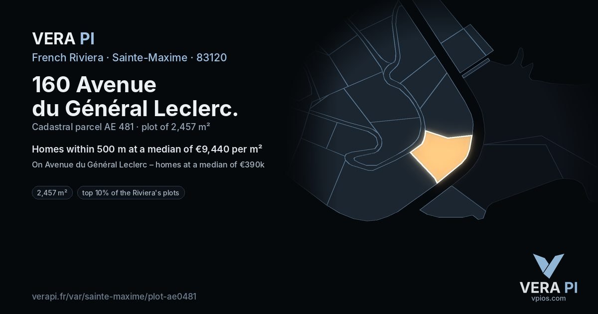 160 Avenue du Général Leclerc, Sainte-Maxime at night – the plot lit, the parcels around coloured by the prices near them