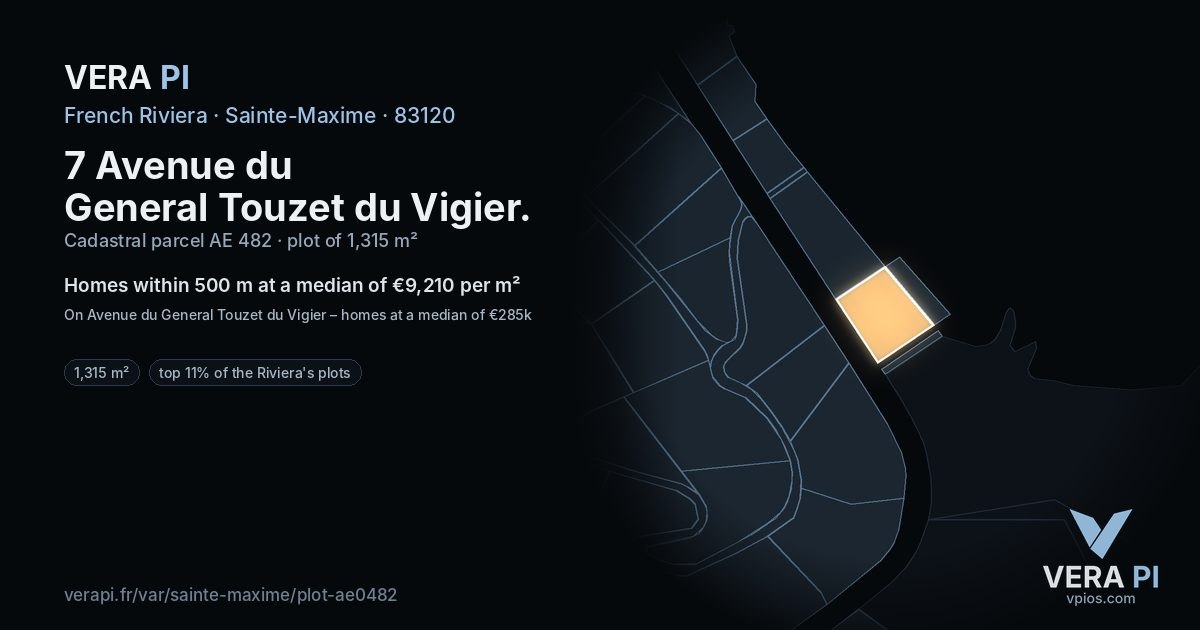 7 Avenue du General Touzet du Vigier, Sainte-Maxime at night – the plot lit, the parcels around coloured by the prices near them