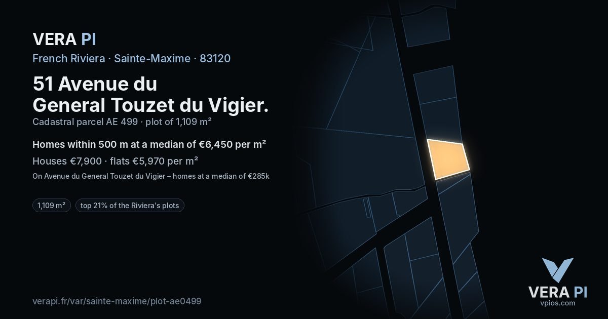 51 Avenue du General Touzet du Vigier, Sainte-Maxime at night – the plot lit, the parcels around coloured by the prices near them