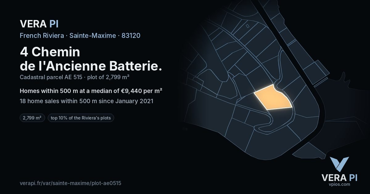 4 Chemin de l'Ancienne Batterie, Sainte-Maxime at night – the plot lit, the parcels around coloured by the prices near them
