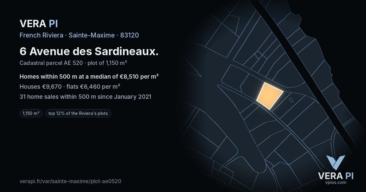 6 Avenue des Sardineaux, Sainte-Maxime at night – the plot lit, the parcels around coloured by the prices near them