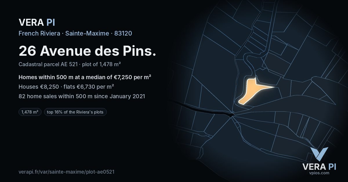 26 Avenue des Pins, Sainte-Maxime at night – the plot lit, the parcels around coloured by the prices near them