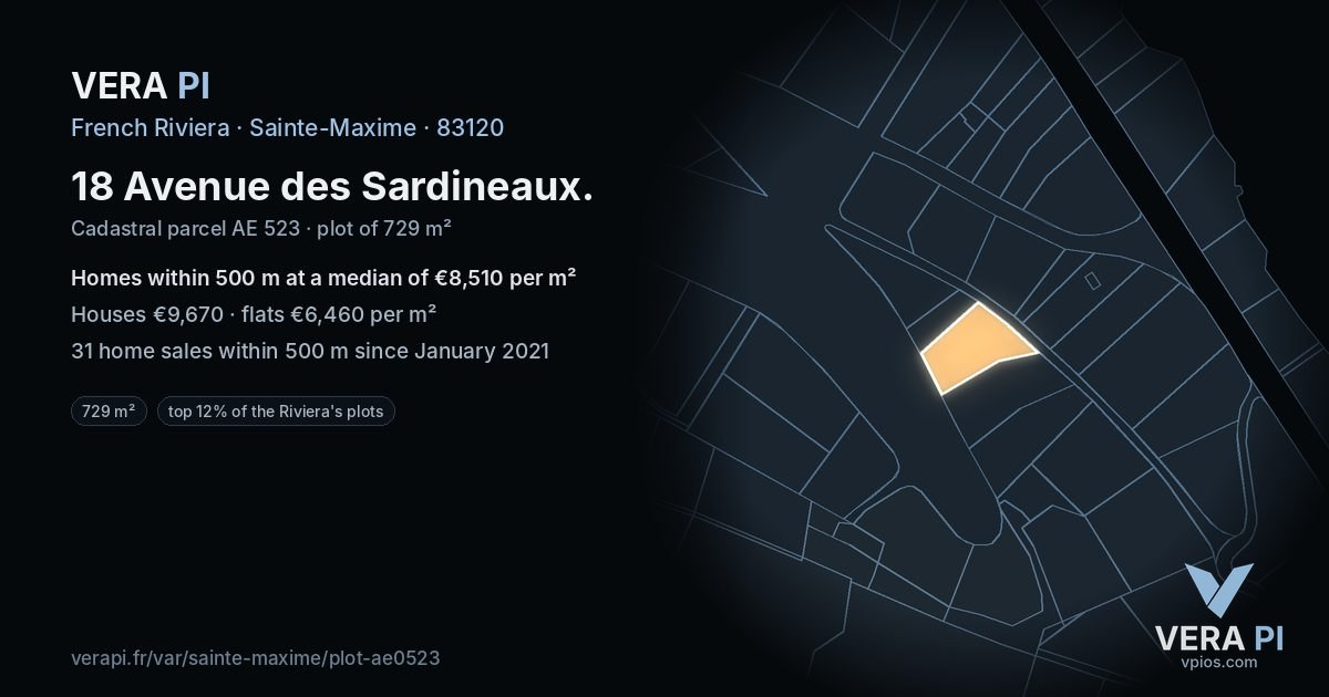 18 Avenue des Sardineaux, Sainte-Maxime at night – the plot lit, the parcels around coloured by the prices near them